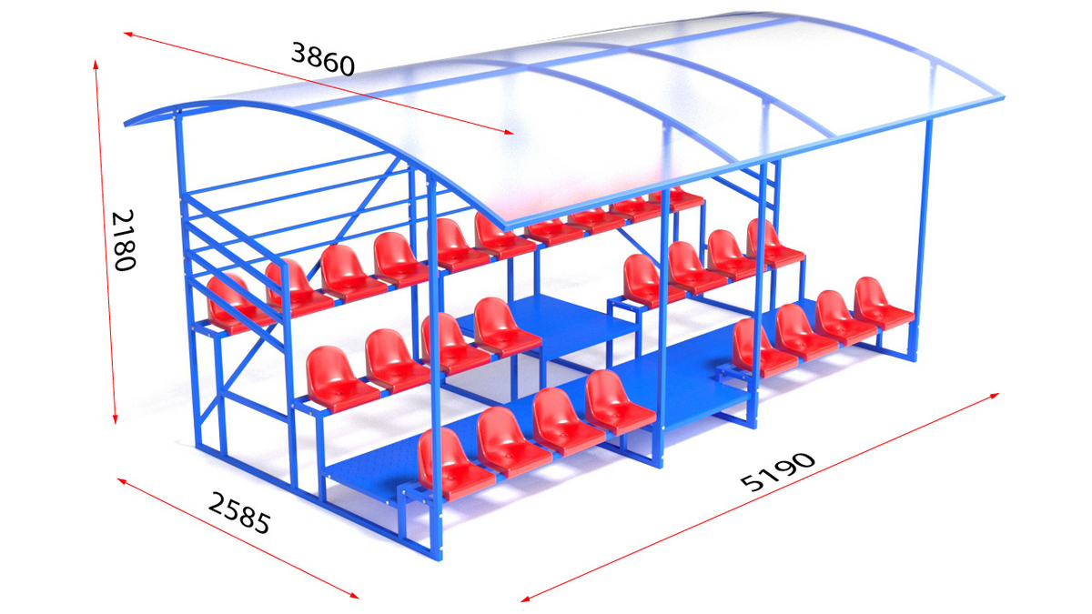 Трибуна с навесом, с ограждением, 3-х рядная Glav 20.012 1200_675